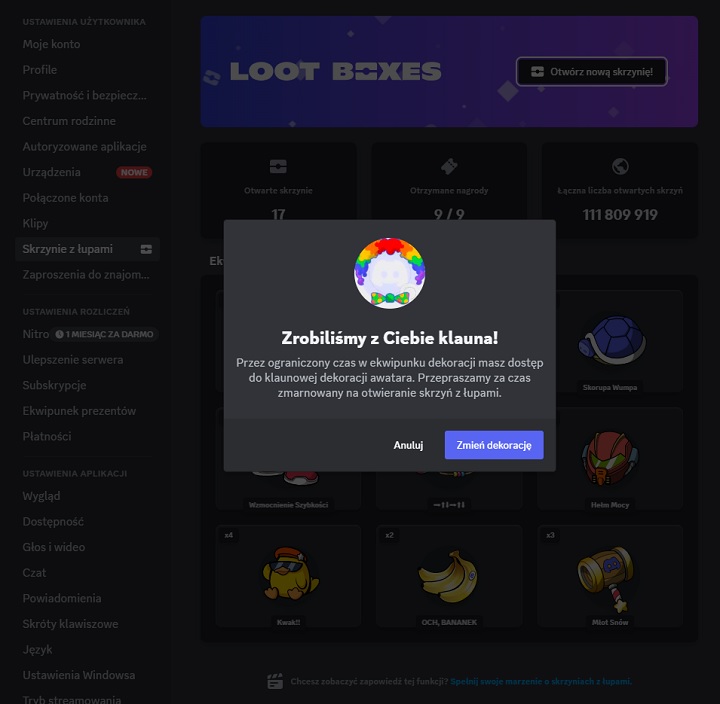 Loot boksy w Discordzie nie dają zbyt wiele, za to w nagrodę za otwarcie ich wszystkich czeka na nas równie niewiele warta dekoracja awatara. Źródło: Discord. - Loot boxy Discord - czym są i co dają? - wiadomość - 2024-04-02