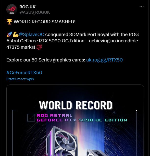 Źródło: Portal X/ROG UK. - Polewając kartę ciekłym azotem pobito rekord świata. Wynik ASUSa RTX 5090 zwala z nóg - wiadomość - 2025-07-01