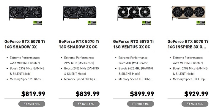 Ceny RTX-ów 5070 Ti opublikowane przez VideoCardz. Źródło: VideoCardz. - Zamieszanie z cenami RTX-ów 5070 Ti od MSI. Producent ugiął się pod krytyką graczy? - wiadomość - 2025-03-04
