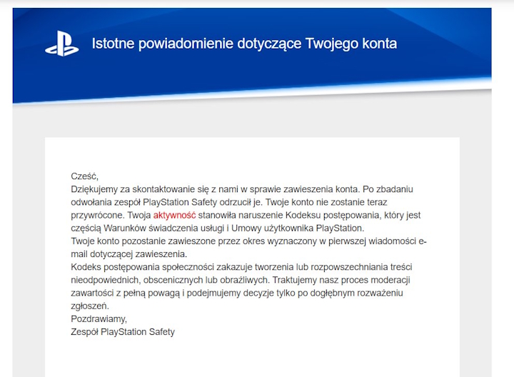 Mail, jakiego miał otrzymać użytkownik od zespołu PlayStation. Źródło: Bejsydiusz Tepez - Polak stracił 12-letnie konto PlayStation z 250 grami. Jako powód Sony podało „naruszenie Kodeksu postępowania” - wiadomość - 2026-10-27