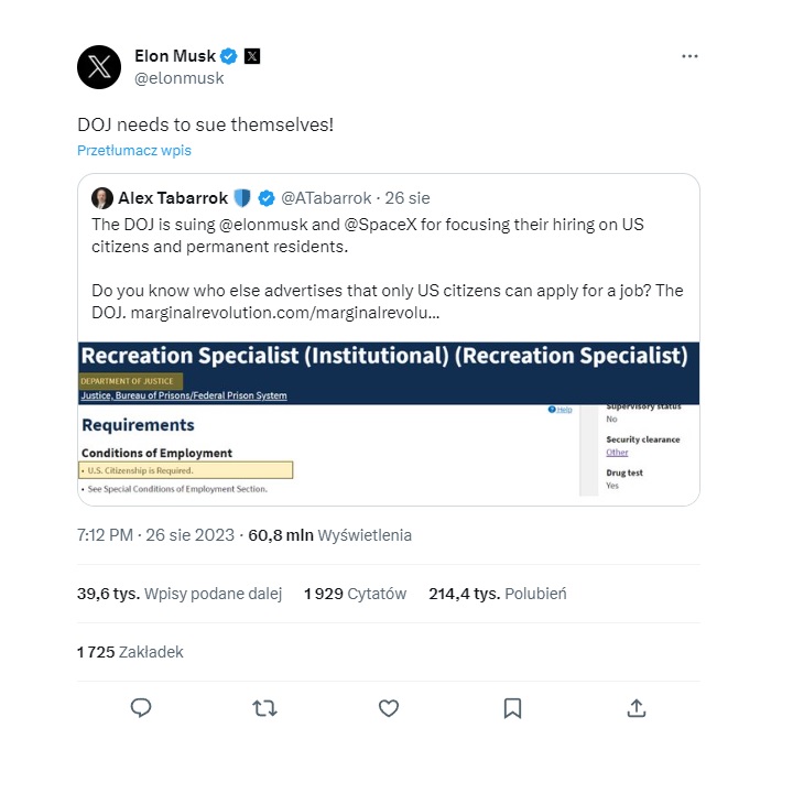 Pozew dla SpaceX; Elon Musk odpowiada po swojemu na zarzuty o dyskryminację - ilustracja #1