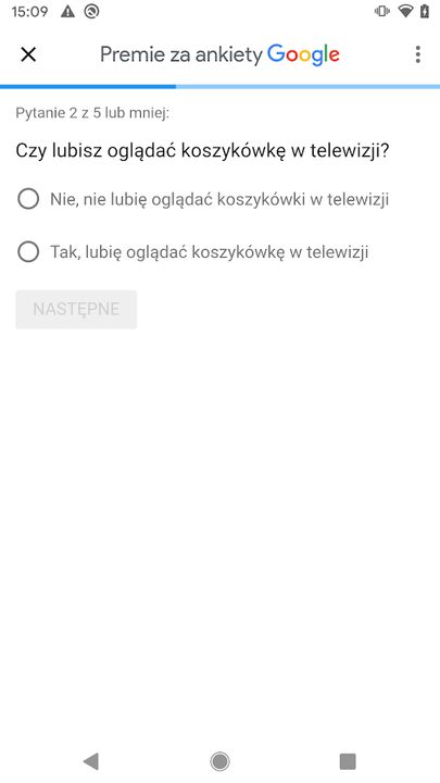 Przykładowe pytanie w aplikacji Premie za ankiety Google.