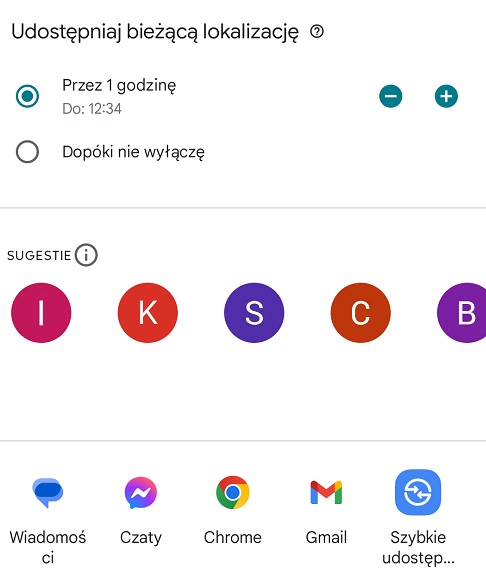 Udostępnianie lokalizacji w Mapach Google. Źródło: własne.