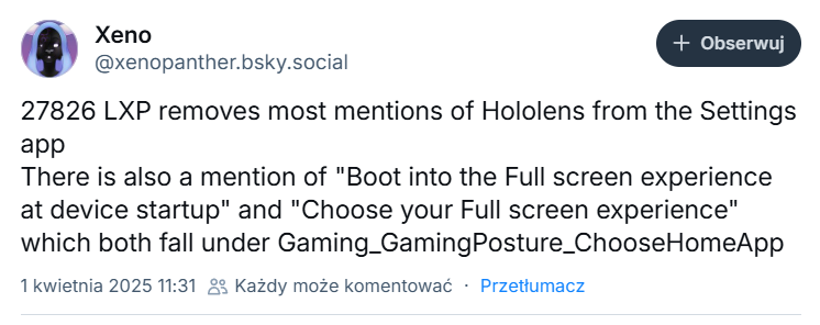 Wpis użytkownika Xeno Panther. Źródło: BlueSky