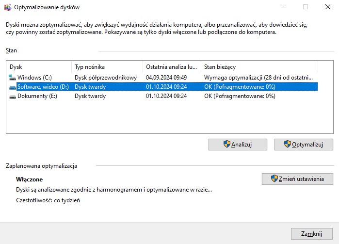 W systemie Windows 10 znajdziemy narzędzie do defragmentacji dysków. Źródło: własne. - Defragmentacja dysku w Windows 10. Ile powinna mieć przebiegów? Czy jest użyteczna? Odpowiadamy - wiadomość - 2024-10-08