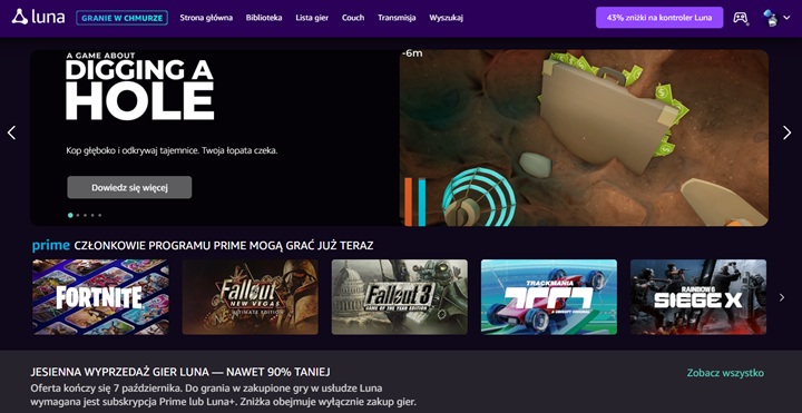 Strona główna usługi Luna. Źródło: własne. - Amazon Prime Gaming przechodzi zmiany, ale kluczowe korzyści dla abonentów pozostaną niezmienne. Nadchodzi czas na Luna Standard - wiadomość - 2025-10-02