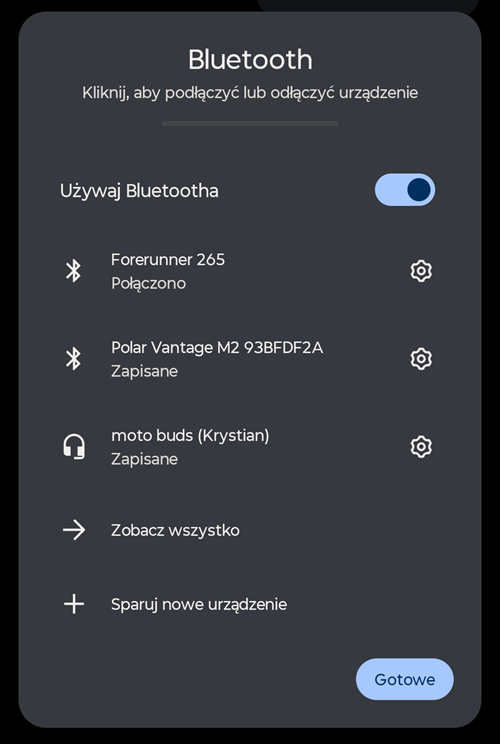 Restart modułów Bluetooth bywa skutecznym sposobem na rozprawienie się z problemami z połączeniem na linii zegarek-telefon. Źródło: własne.