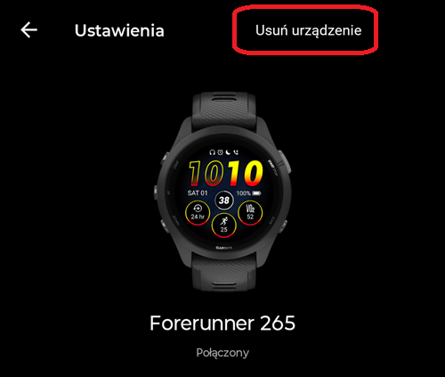 Usunięcie zegarka z pamięci telefonu i aplikacji Garmin Connect to ostateczne rozwiązanie problemów z łącznością. Źródło: własne.