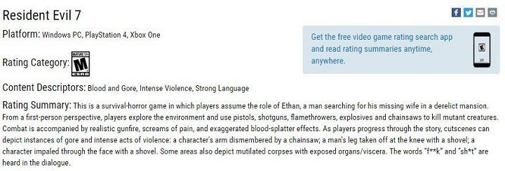 Screen ze strony ESRB / Źródło: VG 24/7. - Resident Evil VII: Biohazard - ESRB zdradziło założenia fabularne i szczegóły dotyczące rozgrywki - wiadomość - 2016-08-27