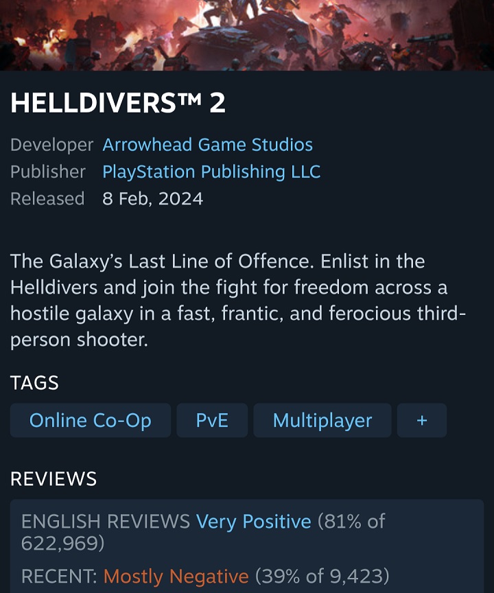 Źródło: Steam - „Ta społeczność jest niemożliwa do zadowolenia.” Helldivers 2 obrywa review bombingiem, a fani wymieniają nieskończona ilość powodów do narzekań - wiadomość - 2026-05-07