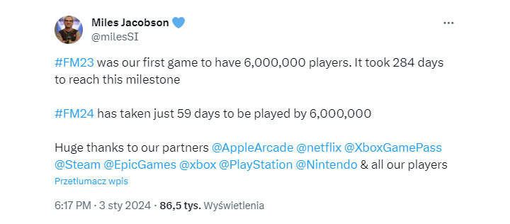 Football Manager 2024 potrzebował zaledwie 59 dni, by przebić granicę 6 mln graczy - ilustracja #1