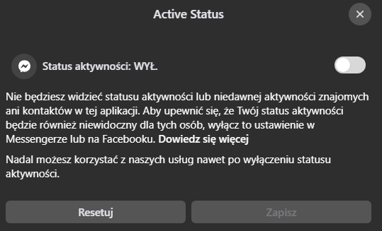 Ustawianie statusu aktywności w Messengerze z poziomu przeglądarki. Źródło: własne.