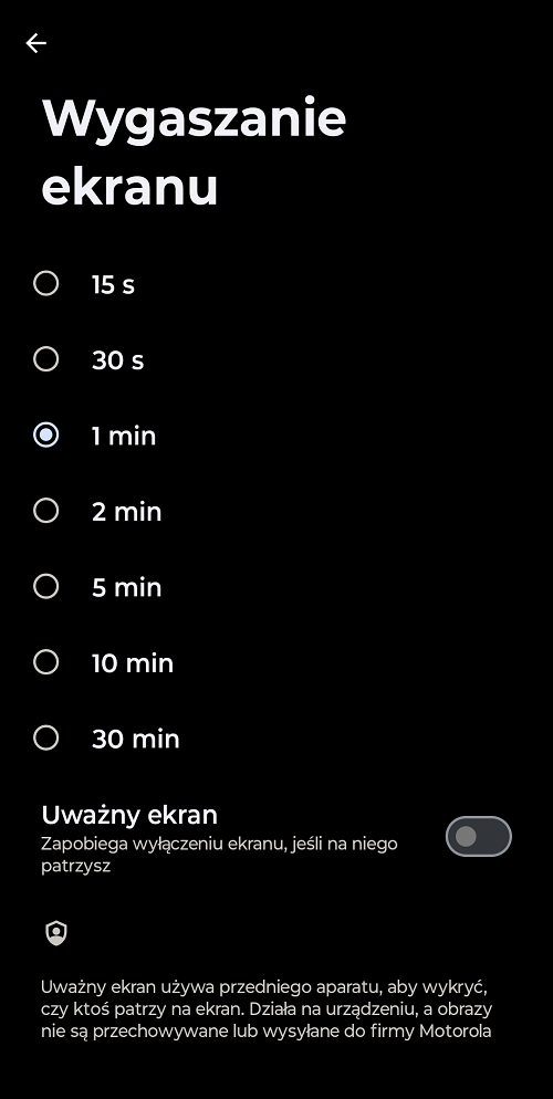 System Android może wygasić ekran po maksymalnie 30 minutach bezczynności. Źródło: własne.