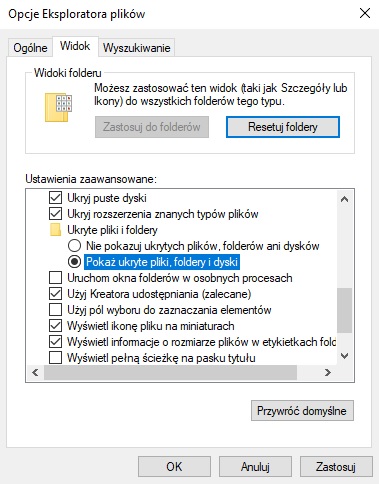 Pokazywanie ukrytych folderów i plików w Windowsie można włączyć również w starym, skomplikowanym stylu. Źródło: własne.