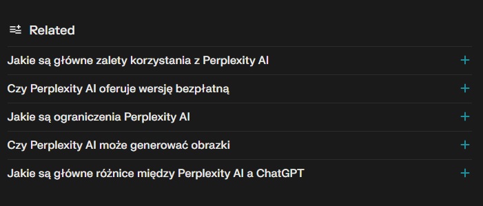 Powiązane tematy podsuwane przez Perplexity pozwalają nam pogłębić wiedzę na temat danego zagadnienia. Źródło: Perplexity / własne.