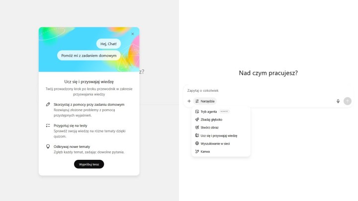 Żeby włączyć tryb nauki, pod oknem czatu wybierz „Narzędzia”, następnie „Ucz się i przyswajaj wiedzę” | Źródło: ChatGPT - ChatGPT dostał tryb nauki dla uczniów i studentów, który ich odpyta i zrobi sprawdzian - wiadomość - 2025-08-01