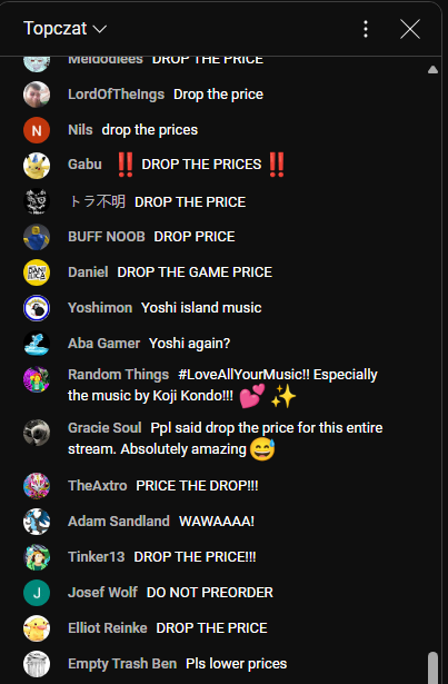 Czat z transmisji Nintendo Treehouse Live przez większość czasu wyglądał w ten sposób. Źródło: YT, Nintendo of America.