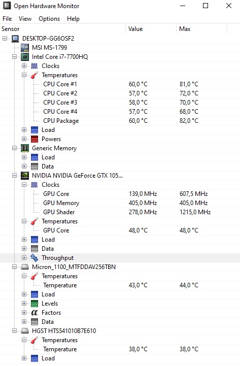 Open Hardware Monitor to jeden z najczęściej polecanych programów do monitorowania temperatury procesora, karty graficznej i innych podzespołów. Źródło: własne.