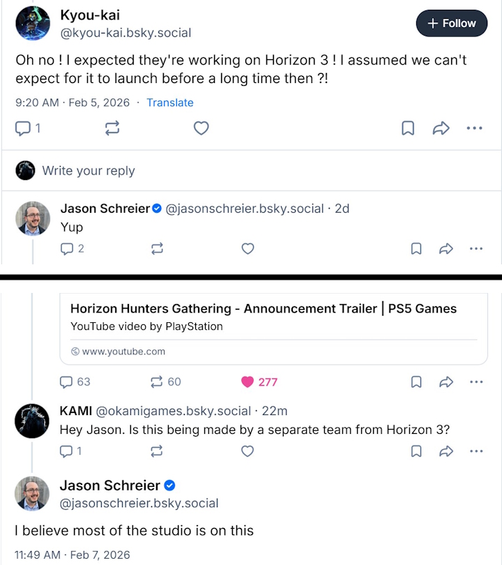 Wypowiedzi Jasona Schreiera w temacie Horizon 3 na portalu Bsky. - Horizon 3 to wciąż odległa przyszłość, twierdzi Jason Schreier - wiadomość - 2026-02-07