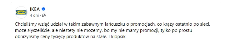Wpis opublikowany przez firmę IKEA na platformie Facebook. Źródło: Facebook. - UOKiK przyjrzy się wojnie między Lidlem i Biedronką - wiadomość - 2024-02-12
