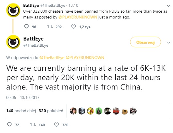 Setki tysięcy banów w Playerunknown's Battlegrounds / Źródło: BattlEye