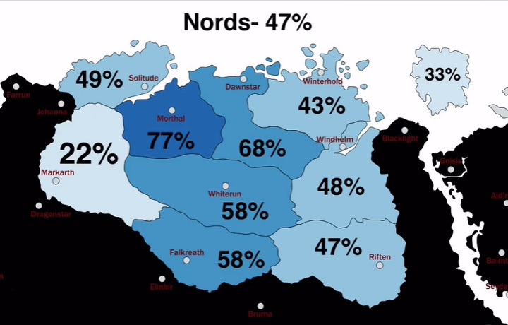 Źródło: daily_maps247 - Gracz stworzył prawdziwą demograficzną mapę Skyrima. Khajitów na północy nie znalazł zbyt wielu - wiadomość - 2025-07-13
