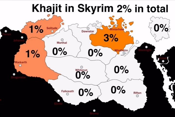 Źródło: daily_maps247 - Gracz stworzył prawdziwą demograficzną mapę Skyrima. Khajitów na północy nie znalazł zbyt wielu - wiadomość - 2025-07-13