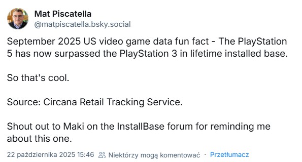 Źródło: Bluesky: @matpiscatella.bsky.social - PS5 sprzedało więcej sztuk niż PS3 w dekadę; analityk podał zaskakujące informacje - wiadomość - 2025-10-23
