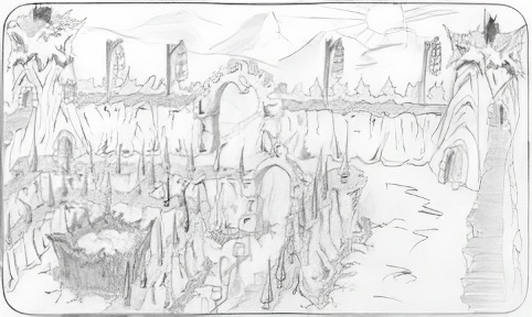 Szkic przedstawiający fortecę mieszkańców lochów w Dungeon Keeper 3. Źródło: Dungeon Keeper Wiki.