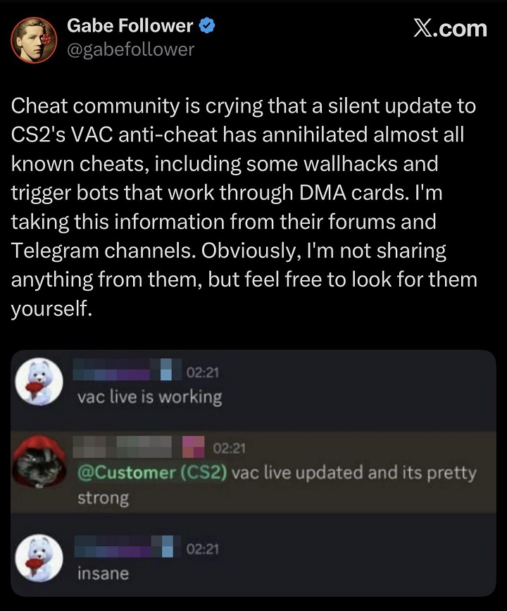 Źródło: CaraX9 / Reddit - W CS2 w końcu zagracie bez cheaterów. Valve sprawiło, że przynajmniej na razie większość oszustów ma przechlapane - wiadomość - 2025-09-14