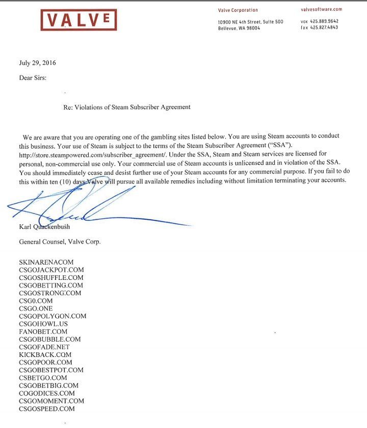 List, który ponoć otrzymali od Valve administratorzy stron hazardowych / Źródło: fraglider.pt. - Counter-Strike: Global Offensive - kolejny znany youtuber zamieszany w aferę hazardową - wiadomość - 2016-07-31