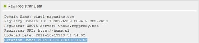 Data utworzenia domeny pixel-magazine.com (źródło: https://who.is/whois/pixel-magazine.com) - Kulisy śmierci Secret Service i narodzin Pixela [news zaktualizowany] - wiadomość - 2014-12-11