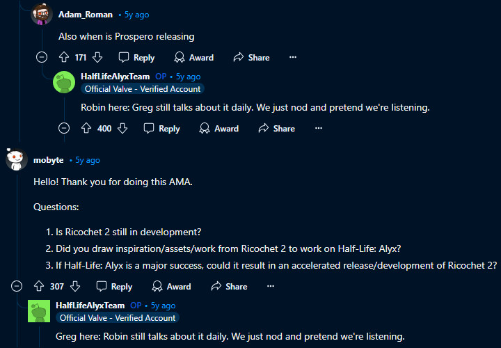 Greg Coomer nie pozostał dłużny Robinowi Walkerowi i zdecydował się odgryźć. | Źródło: Reddit, r/HalfLife, „We're developers from the Half-Life: Alyx team. Ask us anything!” - Half Life jest dzisiaj kultowy, ale nie każdy wie, że seria niemal zaliczyła porażkę na starcie. Pierwotna wersja gry była klapą - wiadomość - 2024-09-21