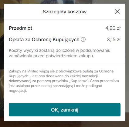 Opłata za Ochronę Kupujących jest obowiązkowa w serwisie Vinted. Źródło: Vinted.