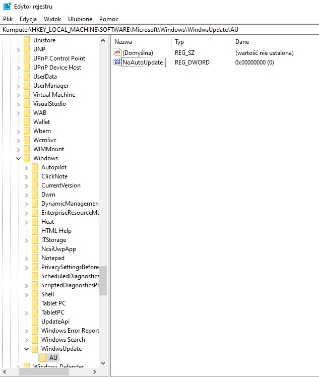 Edytor rejestru systemu Windows również pozwala zatrzymać aktualizacje. Źródło: własne.
