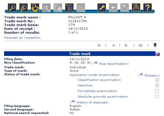 Fragment wniosku o zarejestrowanie znaku towarowego Fallout 4.