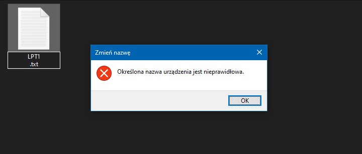 Najnowsze Windowsy są daleko od MS-DOS, jednak blokada fraz pozostała. Źródło: własne. - Windows zabrania używania tych słów i znaków w nazwach plików od pierwszego wydania 40 lat temu aż do dziś - wiadomość - 2025-06-16