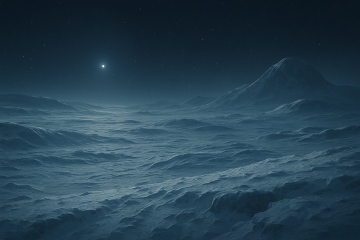 „Artystyczna” wizja prezentująca dzień na lodowej planecie znajdującej się na rubieżach Układu Słonecznego. Źródło: ChatGPT. - Aphelion ma być kosmiczną przygodą, ale z fizyką coś poszło nie tak - wiadomość - 2025-06-16