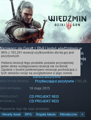 Stary sposób wyświetlania się informacji o pozytywnych recenzjach gry na Steamie.