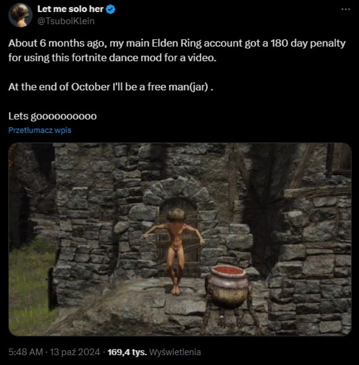 Źródło: Twitter / Let me solo her - Najbardziej znany gracz Elden Ring, Let Me Solo Her, został zbanowany na 6 miesięcy z pozornie absurdalnego powodu - wiadomość - 2024-10-15