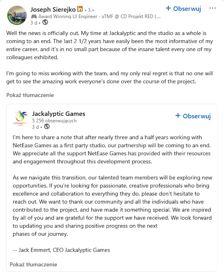 Komunikat studia Jackalyptic Games i komentarz Josepha Sierejko. Źródło: LinkedIn - „Zdruzgotany to mało powiedziane”. NetEase po cichu skasowało tajne MMO w świecie Warhammera i zwolniło całe studio - wiadomość - 2025-11-11