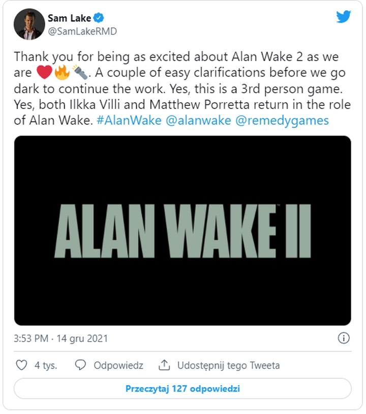 Alan Wake 2 z perspektywą TPP; Matthew Porretta i Ilkka Villi powrócą - ilustracja #1