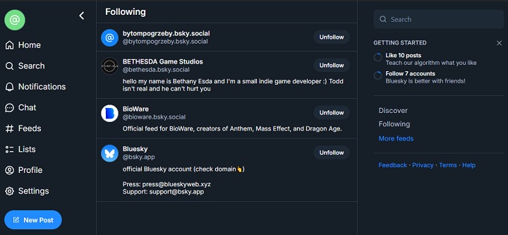 Lista obserwowanych kont w serwisie Bluesky. Źródło: własne. - Jak przenieść obserwowane konta z X (Twittera) na Bluesky? Tłumaczymy działanie Sky Follower Bridge - wiadomość - 2024-11-19