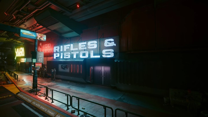 Z zewnątrz nie widać różnic, ale po zainstalowaniu moda sklep zyskuje strzelnicę. Źródło: Nexus Mods, TheRealJonCross - Cyberpunk 2077 ma sporo porzuconych lokacji, które teraz doczekały się poprawek. Odwiedźcie strzelnicę, basen i nowy sektor Corpo Plazy - wiadomość - 2025-07-16
