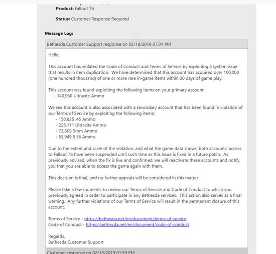 Mail, jaki otrzymał od Bethesdy jeden ze zbanowanych użytkowników. (Źródło: Reddit)