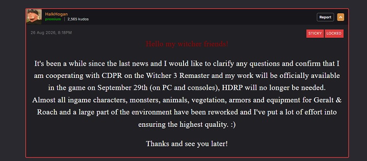Źródło: HalkHogan / Nexus Mods - Remaster Wiedźmina 3 dostanie ulepszenia od twórcy kultowego moda. To koniec instalowania HD Reworked Project - wiadomość - 2026-08-27