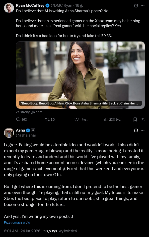 Asha Sharma odpowiada Ryanowi McCaffreyowi na portalu X. Źródło: X