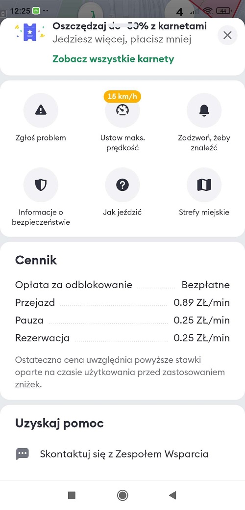 Aplikacja Bolt wyświetla obowiązujący nas cennik po wybraniu hulajnogi. Źródło: własne.