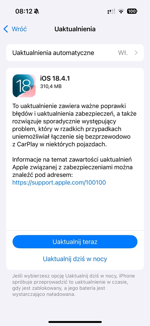 Komunikat o możliwości zainstalowania systemu iOS 18.4.1. Źródło: własne.