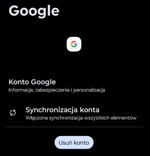 Usuwanie konta Google z urządzenia z Androidem. Źródło: własne.